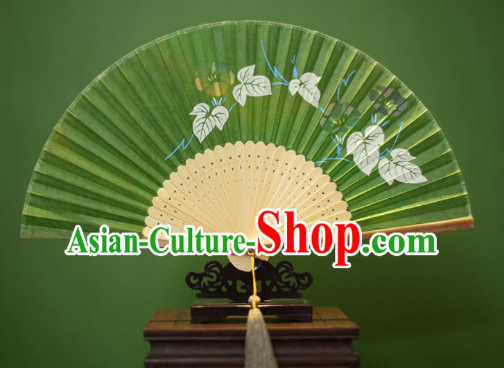Traditional Chinese Crafts Printing Petunia Folding Fan, China Handmade Classical Green Silk Fans for Women