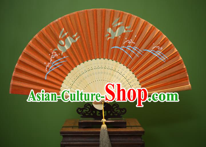 Traditional Chinese Crafts Printing Rabbit Folding Fan, China Handmade Classical Orange Silk Fans for Women