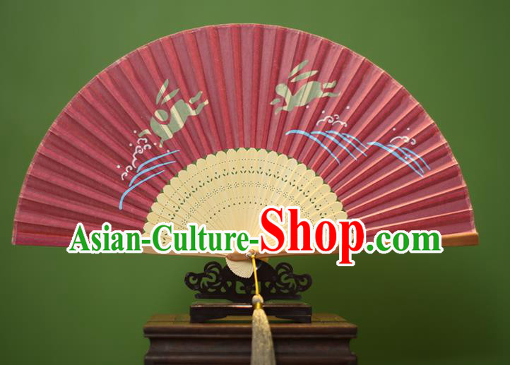 Traditional Chinese Crafts Printing Rabbit Folding Fan, China Handmade Classical Silk Fans for Women