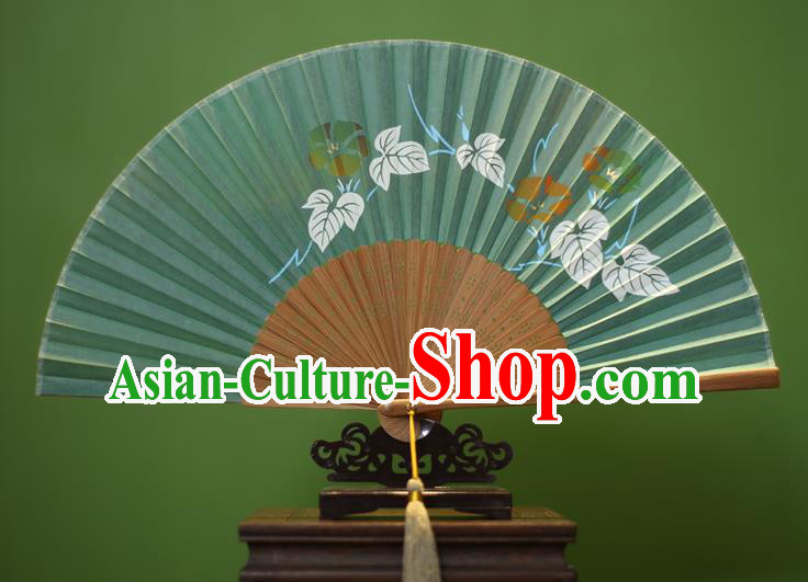 Traditional Chinese Crafts Printing Petunia Folding Fan, China Handmade Classical Green Silk Fans for Women