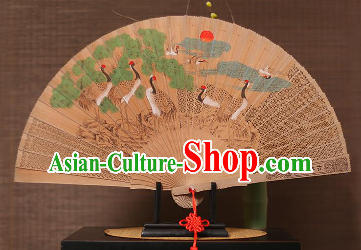 Traditional Chinese Crafts Hand Painting Crane Folding Fan, China Handmade Classical Carving Sandalwood Fans for Men