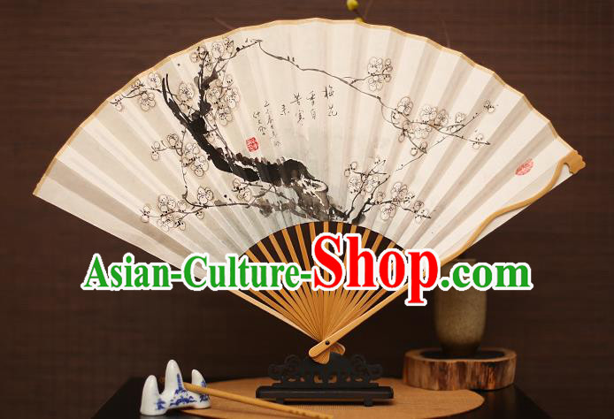 Traditional Chinese Crafts Collectables Autograph Folding Fan, China Handmade Classical Printing Plum Blossom Xuan Paper Fans for Men