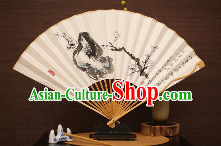 Traditional Chinese Crafts Collectables Autograph Folding Fan, China Handmade Classical Ink Painting Wintersweet Xuan Paper Fans for Men