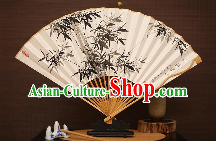 Traditional Chinese Crafts Collectables Autograph Folding Fan, China Handmade Classical Ink Painting Bamboo Xuan Paper Fans for Men