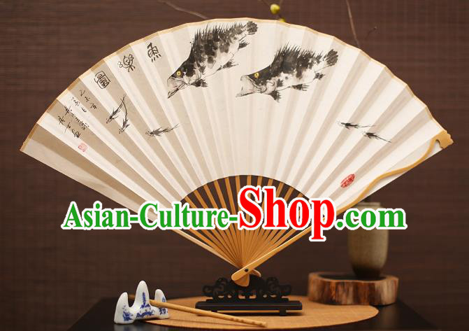 Traditional Chinese Crafts Collectables Autograph Folding Fan, China Handmade Classical Ink Painting Fishes Xuan Paper Fans for Men