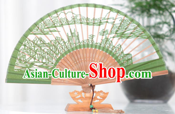 Traditional Chinese Crafts Hand Painting West Lake Scenery Folding Fan, China Handmade Classical Green Silk Fans for Women