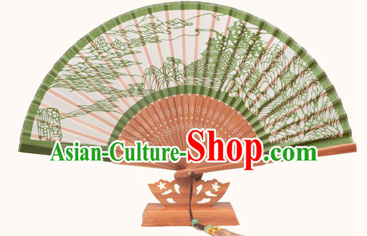 Traditional Chinese Crafts Hand Painting West Lake Scenery Folding Fan, China Handmade Classical Green Silk Fans for Women