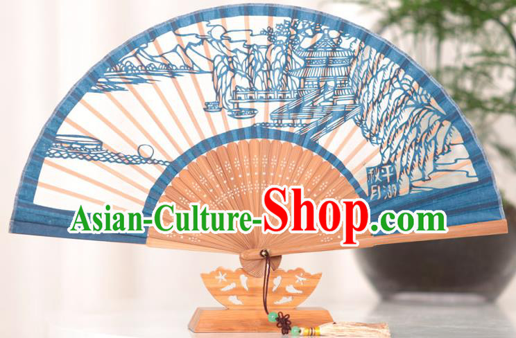 Traditional Chinese Crafts West Lake Scenery Folding Fan, China Handmade Classical Blue Silk Fans for Women