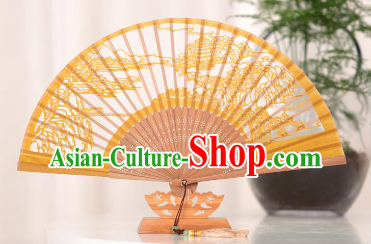 Traditional Chinese Crafts West Lake Scenery Folding Fan, China Handmade Classical Yellow Silk Fans for Women