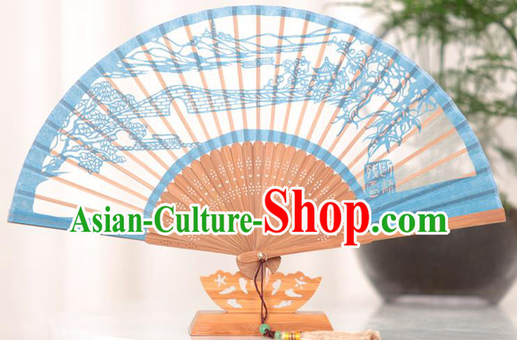 Traditional Chinese Crafts Melting Snow at Broken Bridgen Folding Fan, China Handmade Classical Blue Silk Fans for Women