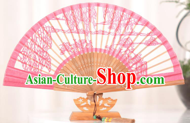 Traditional Chinese Crafts Su Causeway Folding Fan, China Handmade Classical Pink Silk Fans for Women