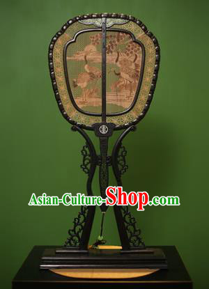 Traditional Chinese Crafts Ebony Pyrographic Crane Palace Fan, China Handmade Princess Sandalwood Fans for Women