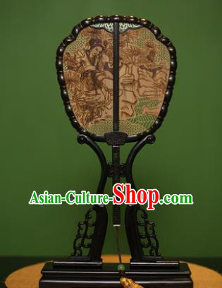 Traditional Chinese Crafts Ebony Pyrographic Beauty Palace Fan, China Handmade Princess Sandalwood Fans for Women