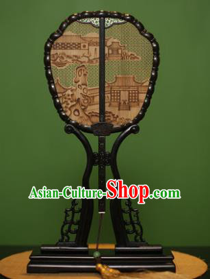 Traditional Chinese Crafts Ebony Pyrographic House Palace Fan, China Handmade Princess Sandalwood Fans for Women