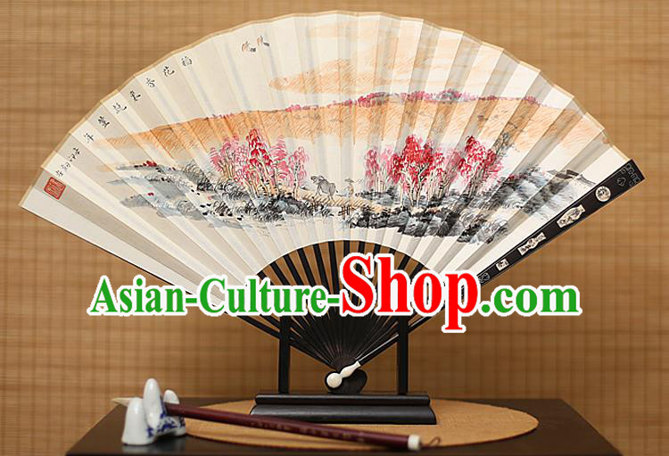 Traditional Chinese Crafts Painting Paper Folding Fan, China Handmade Ebony Fans for Men