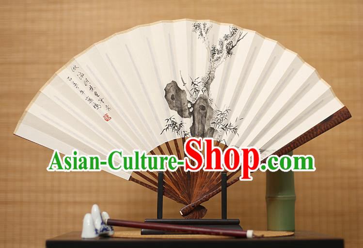 Traditional Chinese Crafts Ink Painting Bamboo Paper Folding Fan, China Handmade Snakewood Fans for Men