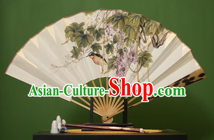 Traditional Chinese Crafts Ink Painting Grape Paper Folding Fan, China Handmade Mottled Bamboo Fans for Men