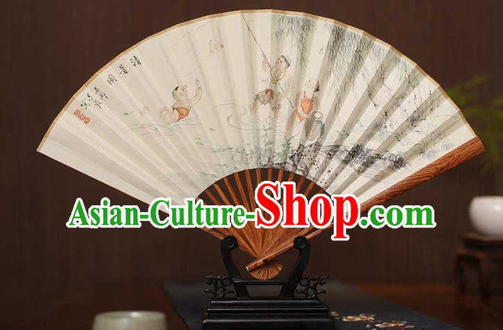 Traditional Chinese Crafts Ink Painting Paper Folding Fan, China Handmade Pear Wood Fans for Men