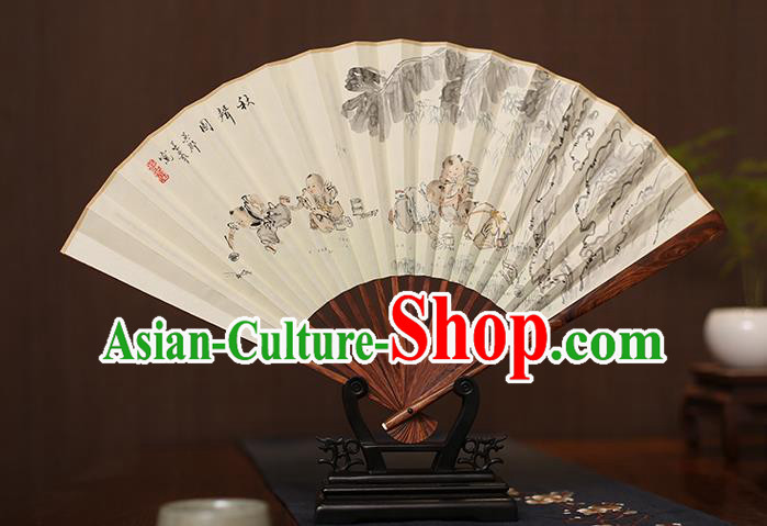 Traditional Chinese Crafts Ink Painting Children Paper Folding Fan, China Handmade Pear Wood Fans for Men