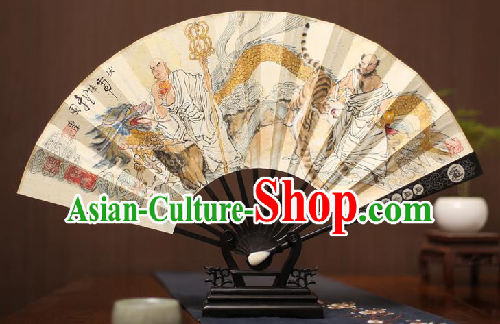 Traditional Chinese Crafts Ink Painting Paper Folding Fan, China Handmade Ebony Fans for Men