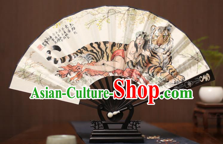 Traditional Chinese Crafts Ink Painting Tiger Paper Folding Fan, China Handmade Ebony Fans for Men