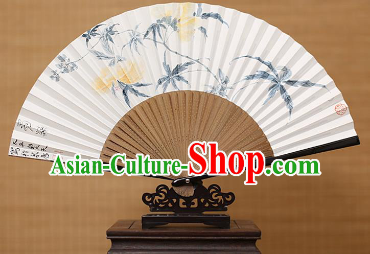 Traditional Chinese Crafts Classical Paper Folding Fan, China Handmade Painting Hollyhock Fans for Women