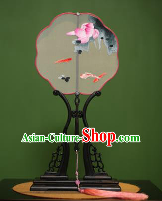 Traditional Chinese Crafts Suzhou Embroidery Lotus Fish Palace Fan, China Princess Embroidered Silk Fans for Women