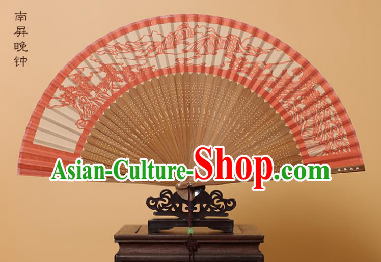 Traditional Chinese Crafts Landscape Scenery Folding Fan, China Handmade Scissor-Cut Red Silk Fans for Women