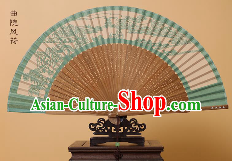 Traditional Chinese Crafts Landscape Scenery Folding Fan, China Handmade Scissor-Cut Green Silk Fans for Women