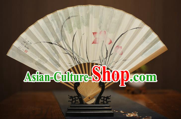 Traditional Chinese Crafts Collectables Autograph Xuan Paper Folding Fan, China Handmade Painting Lotus Fans for Men