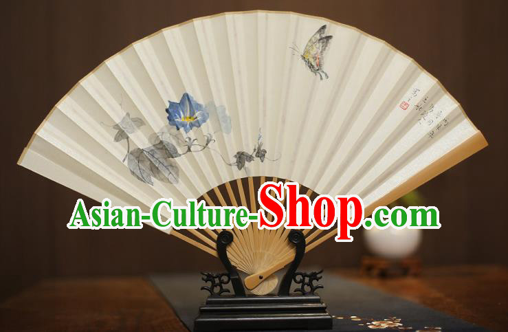 Traditional Chinese Crafts Collectables Autograph Xuan Paper Folding Fan, China Handmade Painting Petunia Butterfly Fans for Men