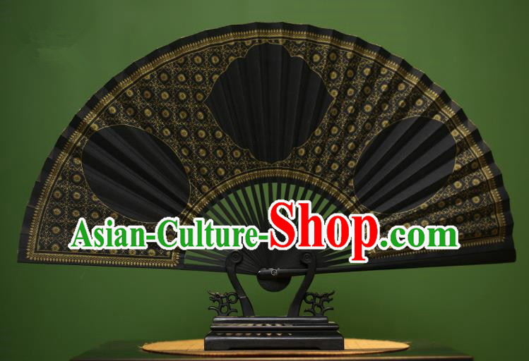 Traditional Chinese Crafts Black Paper Folding Fan, China Handmade Gold Stamping Fans for Men
