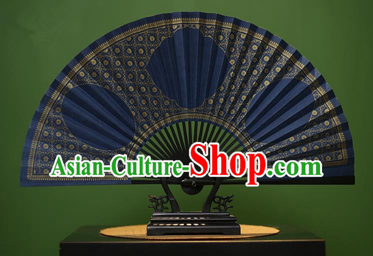Traditional Chinese Crafts Blue Paper Folding Fan, China Handmade Gold Stamping Fans for Men