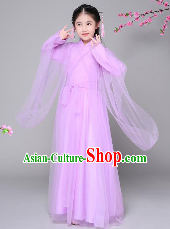 Traditional Chinese Ancient Princess Fairy Purple Clothing, China Han Dynasty Palace Lady Hanfu Dress Costume for Kids