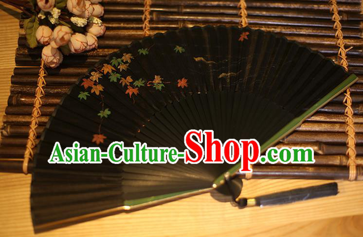 Traditional Chinese Crafts Printing Maple Leaf Classical Folding Fan, China Handmade Black Silk Fans for Women