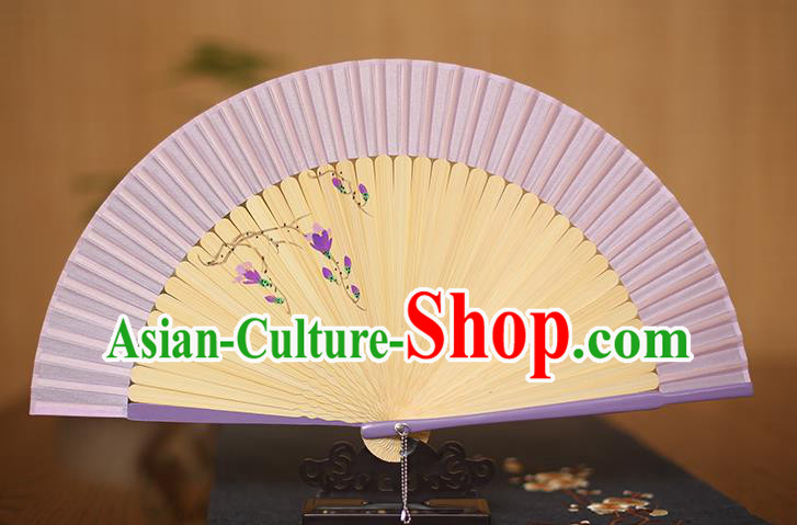 Traditional Chinese Crafts Printing Magnolia Classical Folding Fan, China Handmade Purple Silk Fans for Women