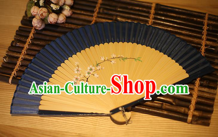 Traditional Chinese Crafts Printing Peach Blossom Classical Folding Fan, China Handmade Navy Silk Fans for Women