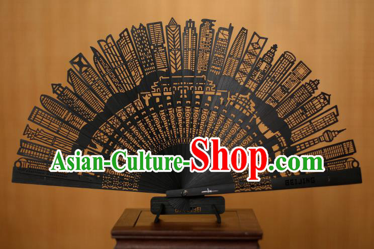 Traditional Chinese Crafts Hollow Out Bamboo Folding Fan, China Handmade Sandalwood Black Fans for Women