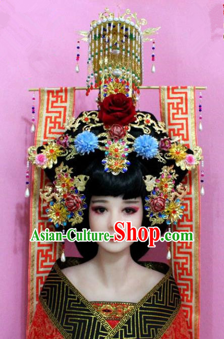 Chinese Ancient Bride Hair Accessories Xiuhe Suit Phoenix Coronet Complete Set, China Empress Tassel Hairpins Headwear for Women