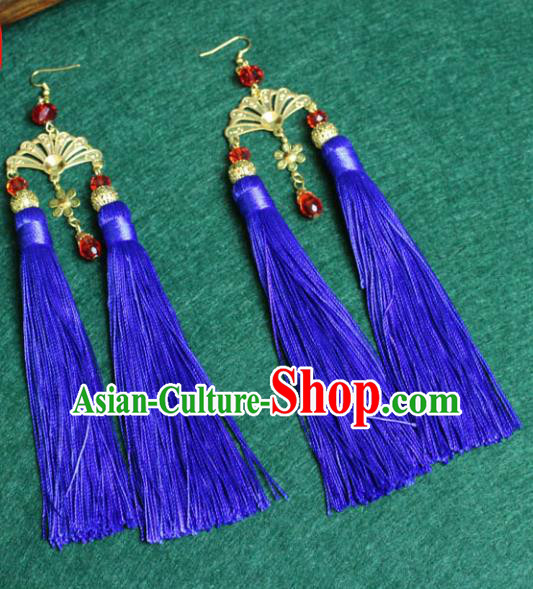 Traditional Chinese Handmade Jewelry Accessories Xiuhe Suit Bride Earrings Hanfu Blue Tassel Eardrop for Women