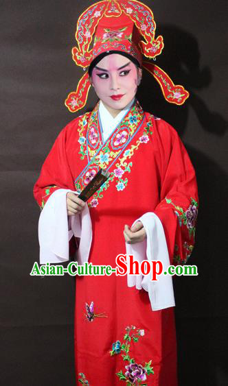 Traditional China Beijing Opera Niche Costume Red Embroidered Robe, Chinese Peking Opera Gifted Scholar Clothing