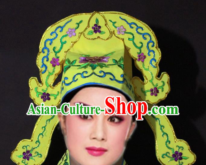 Traditional China Beijing Opera Niche Embroidered Yellow Hats, Chinese Peking Opera Gifted Scholar Headwear