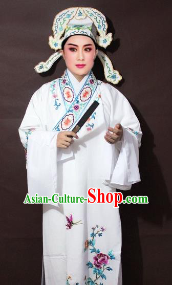 Traditional China Beijing Opera Niche Costume White Embroidered Robe, Chinese Peking Opera Gifted Scholar Clothing