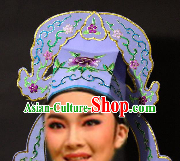 Traditional China Beijing Opera Niche Embroidered Purple Hats, Chinese Peking Opera Gifted Scholar Headwear