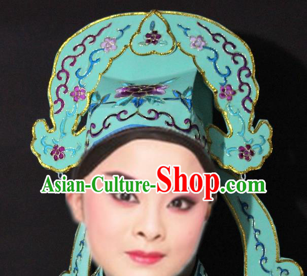 Traditional China Beijing Opera Niche Embroidered Green Hats, Chinese Peking Opera Gifted Scholar Headwear