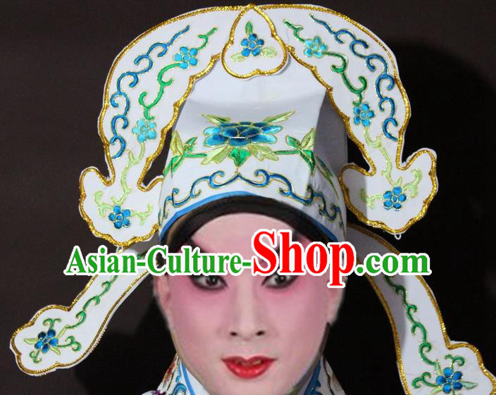 Traditional China Beijing Opera Niche Embroidered White Hats, Chinese Peking Opera Gifted Scholar Headwear