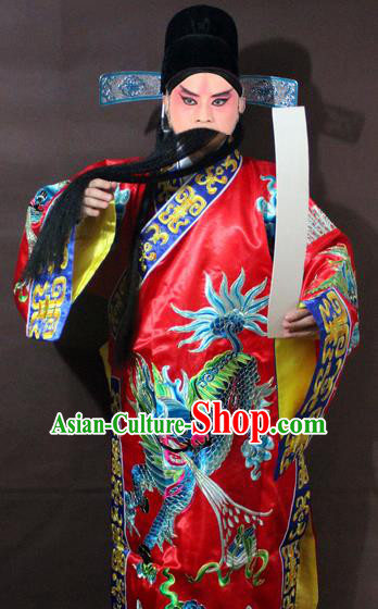 Traditional China Beijing Opera God of Wealth Costume Red Embroidered Robe, Chinese Peking Opera Embroidery Gwanbok Clothing