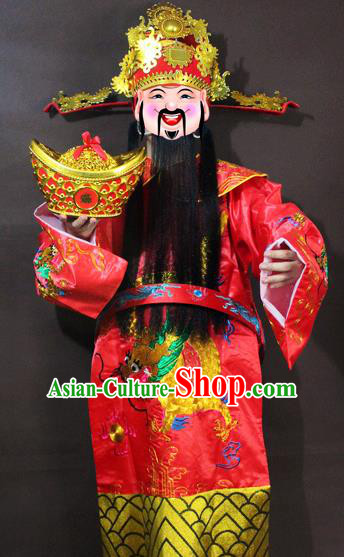 Traditional China Beijing Opera God of Wealth Costume Red Embroidered Robe, Chinese Peking Opera Mammon Gwanbok