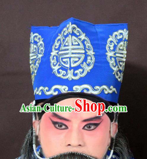 Traditional China Beijing Opera Ministry Councillor Embroidery Blue Hats, Chinese Peking Opera Old Men Embroidered Headwear