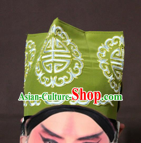 Traditional China Beijing Opera Ministry Councillor Embroidery Green Hats, Chinese Peking Opera Old Men Embroidered Headwear